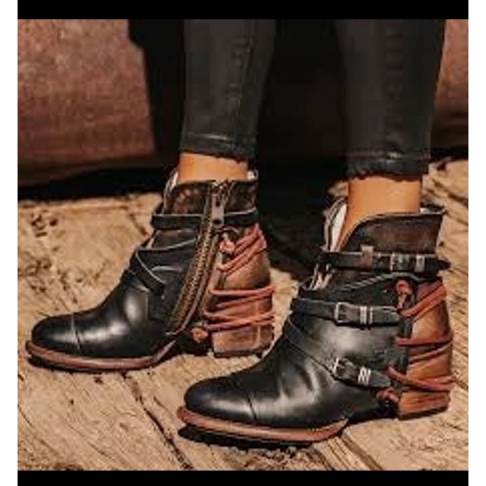 Freebird by Steven Crue Black Brown Leather Buckle Moto Boots Womens 10 FB-CRUE